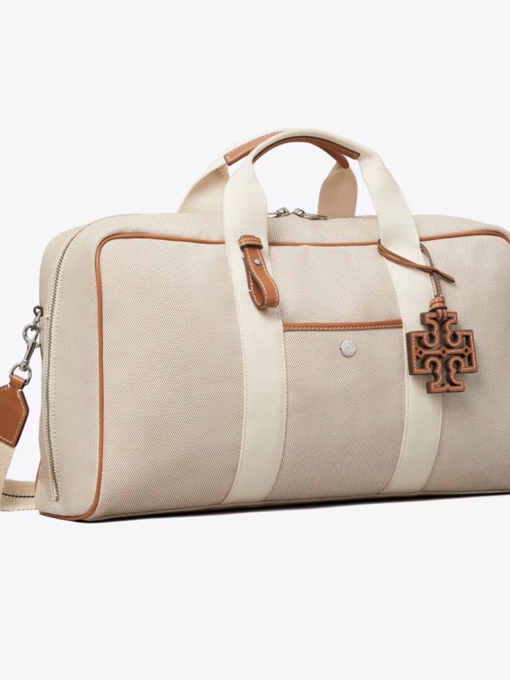 Tory Burch Canvas Pickleball Duffel in Cream with Tan Trim and Logo Charm - Picture 2 of 6